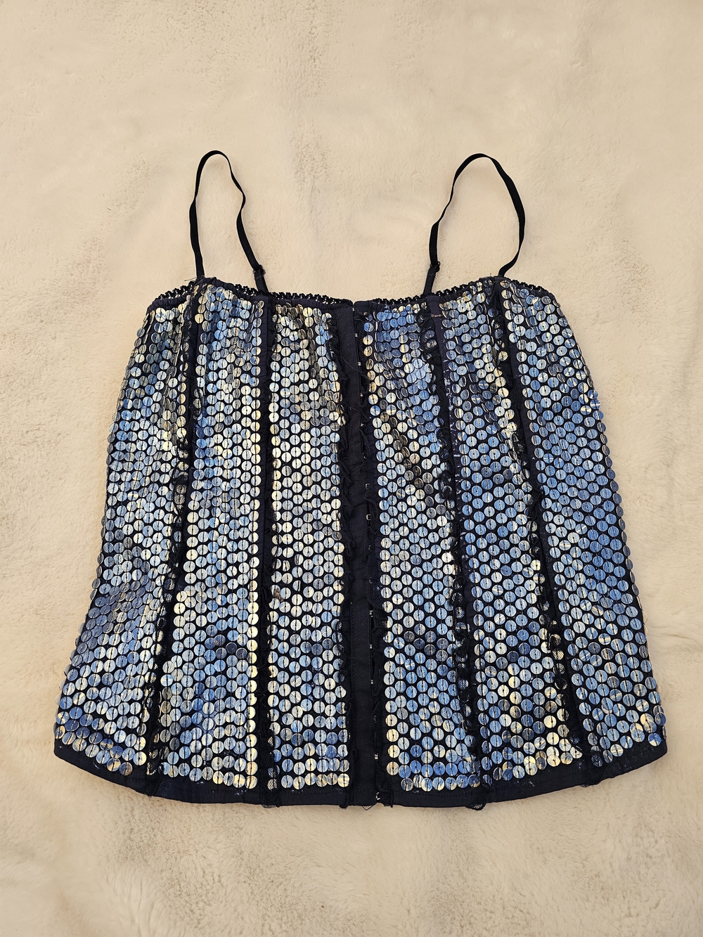 Rare Vintage BeBe Leather Trim Metallic Blue Corset Top Size Large